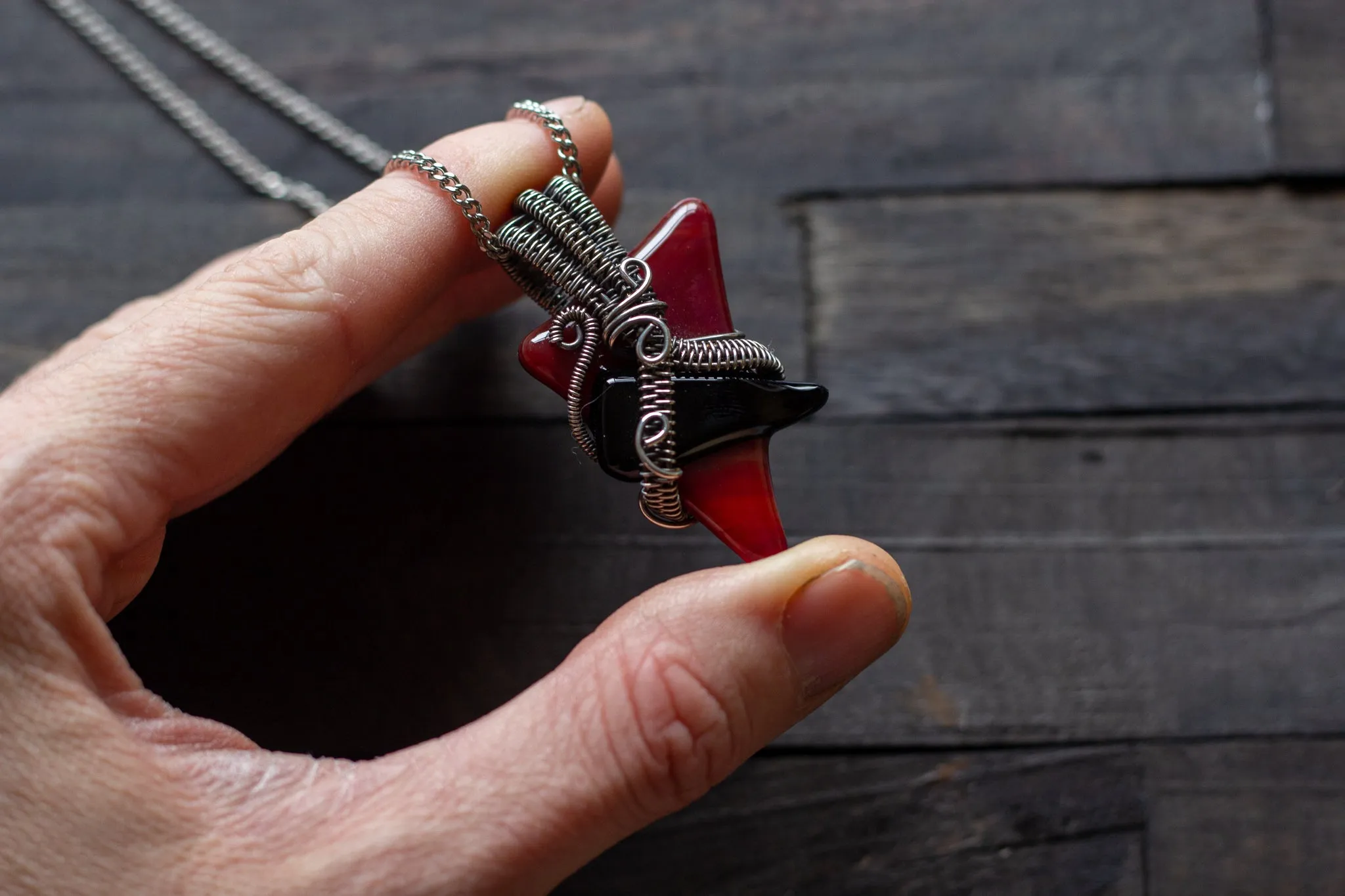 Red and Black Fused Glass Pendant with Sterling Silver Wire Wrapping