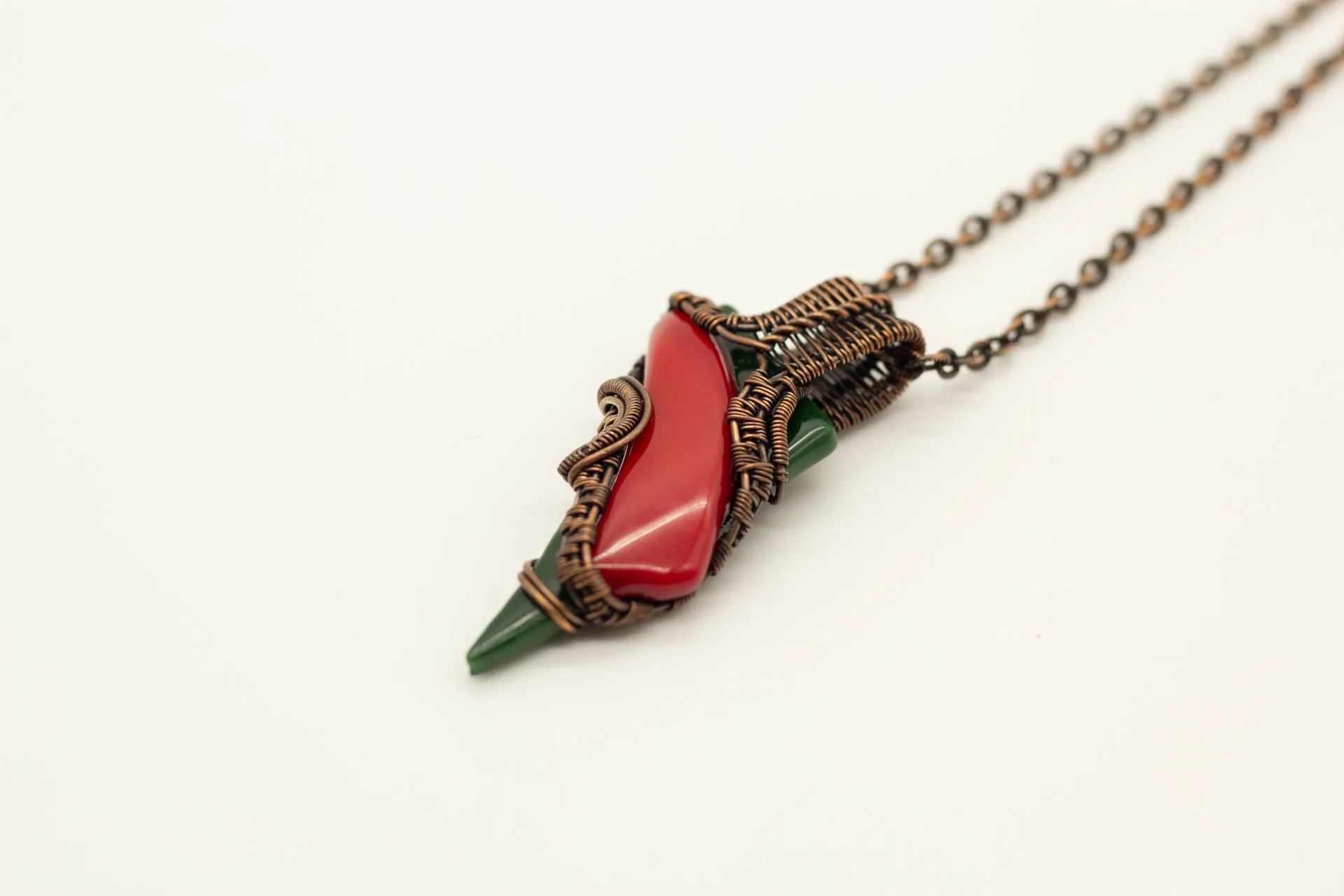 Red and Green Fused Glass Statement Necklace with Copper Wire Wrapping