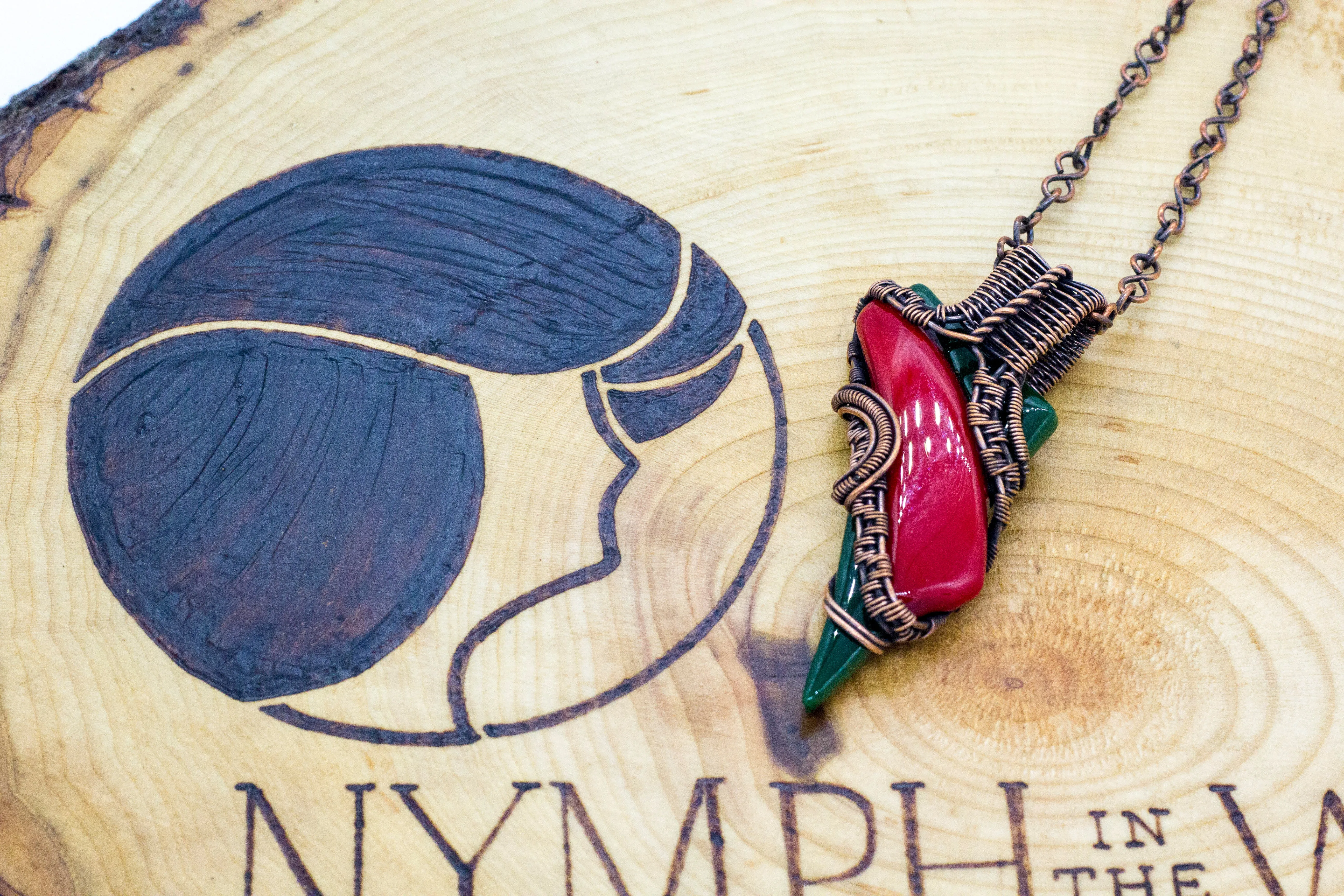 Red and Green Fused Glass Statement Necklace with Copper Wire Wrapping