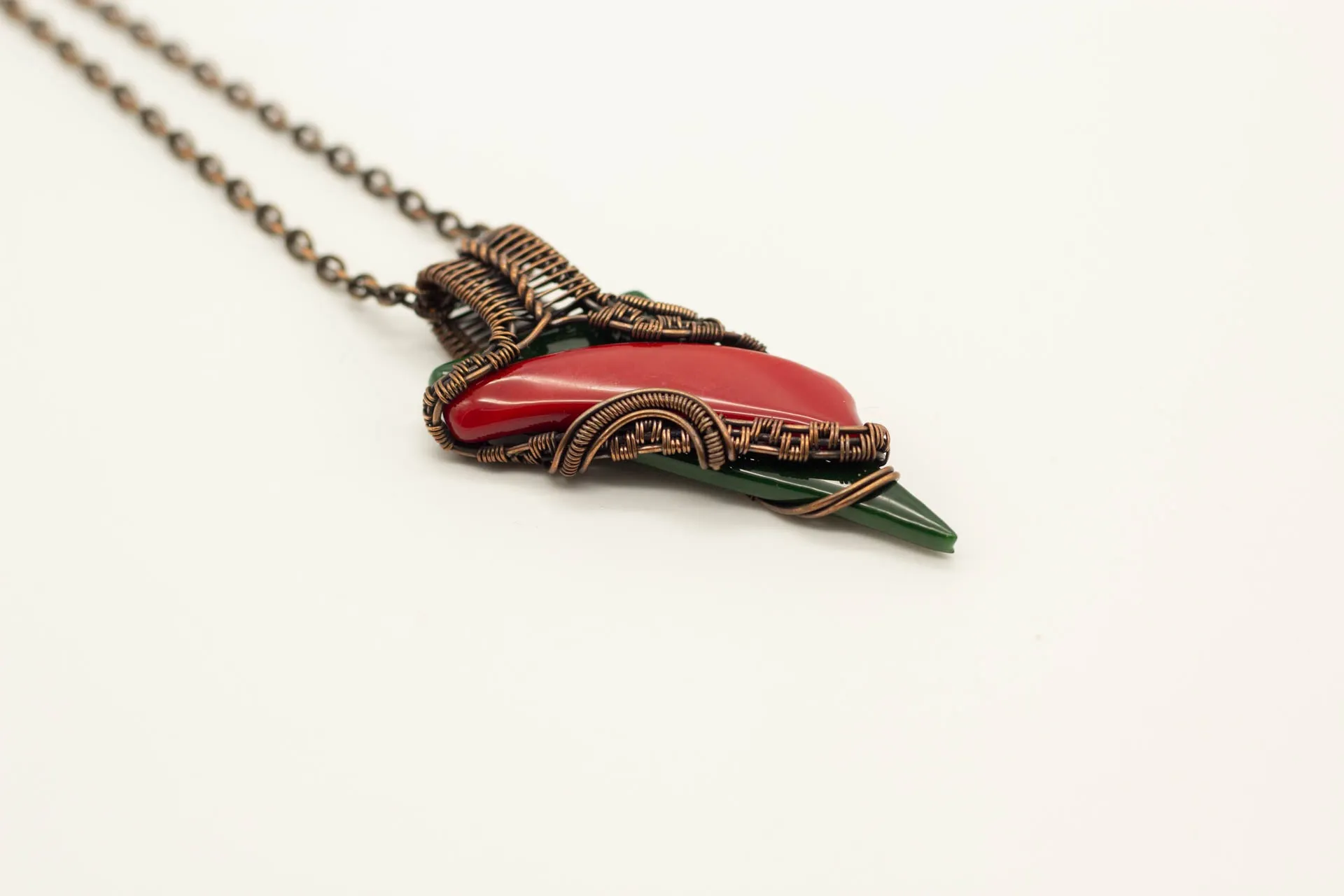 Red and Green Fused Glass Statement Necklace with Copper Wire Wrapping