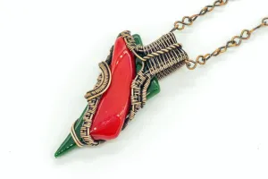 Red and Green Fused Glass Statement Necklace with Copper Wire Wrapping