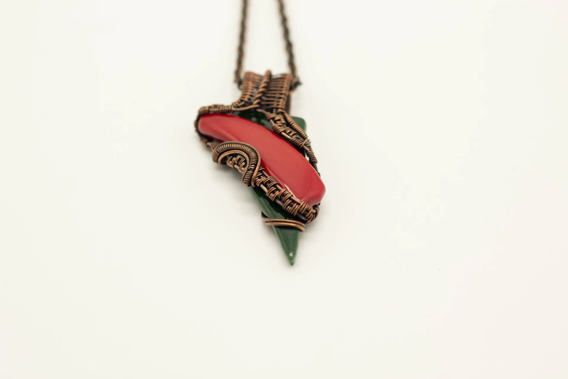 Red and Green Fused Glass Statement Necklace with Copper Wire Wrapping