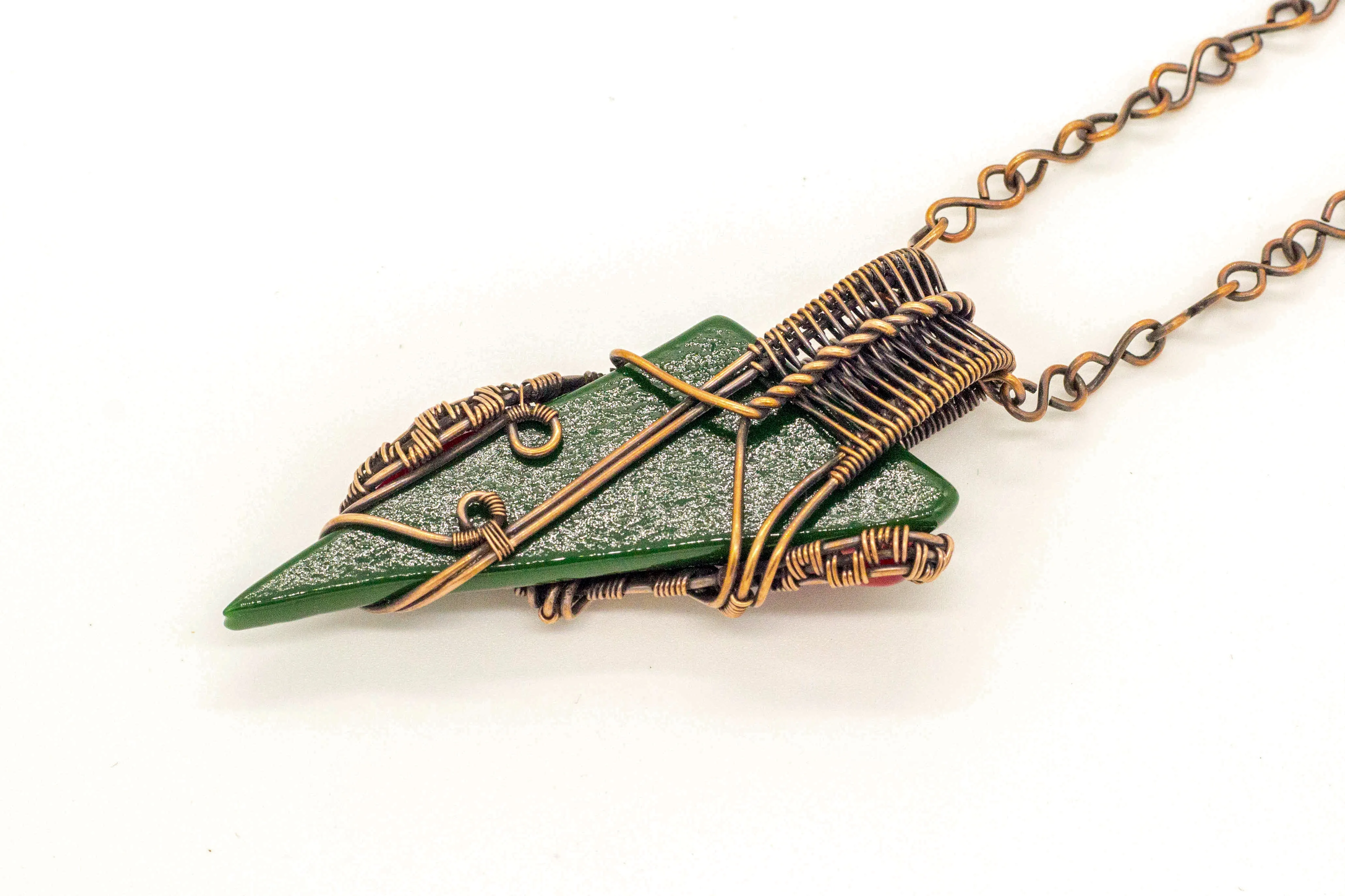 Red and Green Fused Glass Statement Necklace with Copper Wire Wrapping