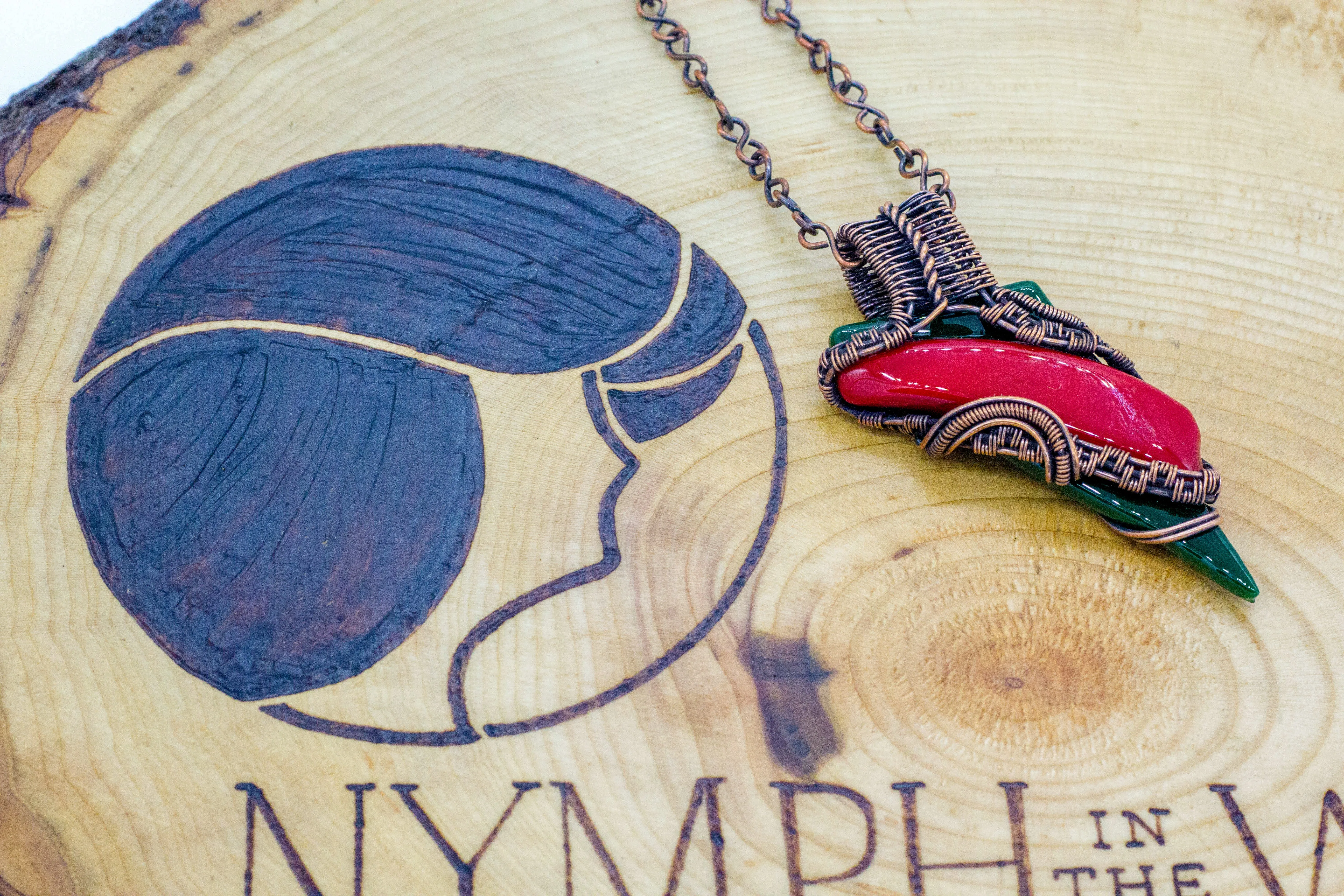 Red and Green Fused Glass Statement Necklace with Copper Wire Wrapping
