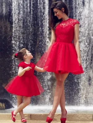 red mother and daughter matching dresses lace appliqué short prom dresses vestido de festa(price is for both dresses)
