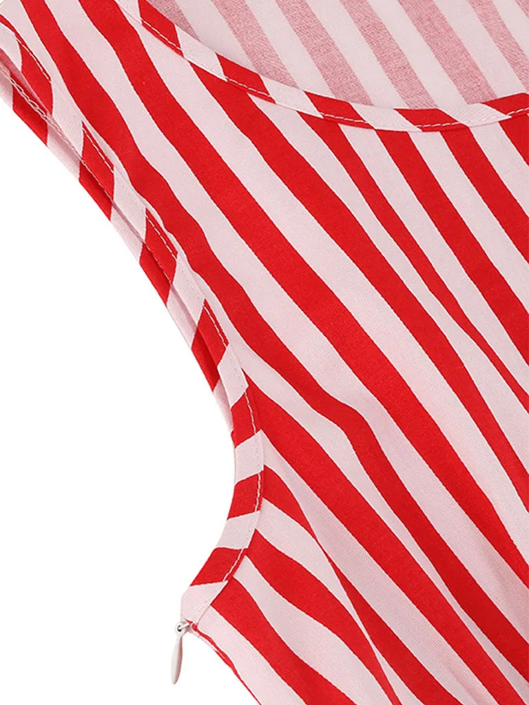 Red Stripe Crew Neck 1950S Vintage Swing Dress