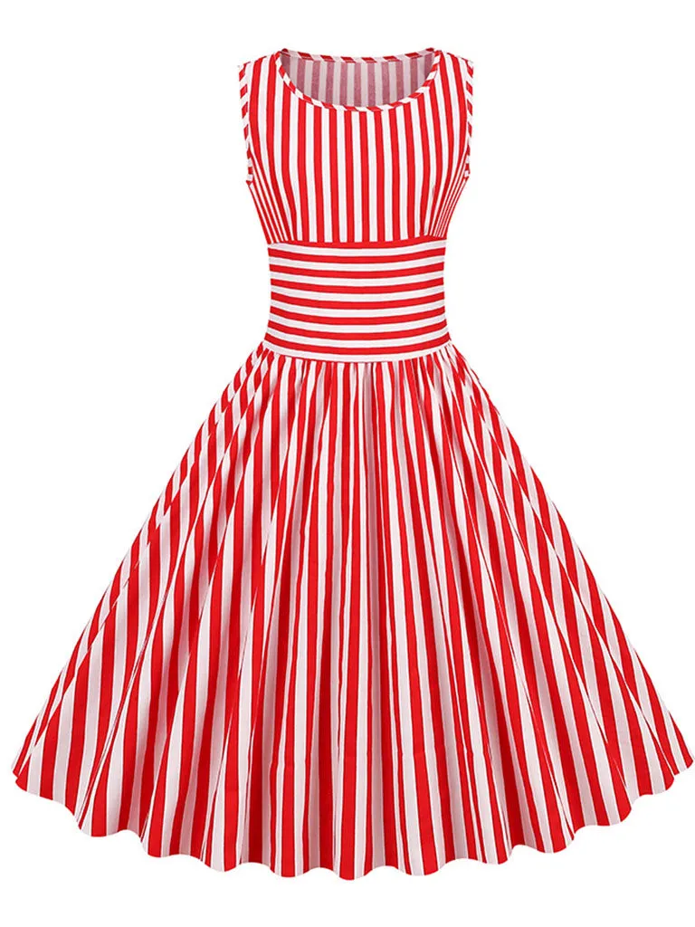 Red Stripe Crew Neck 1950S Vintage Swing Dress