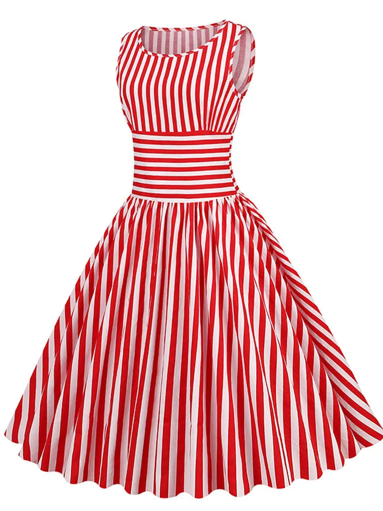 Red Stripe Crew Neck 1950S Vintage Swing Dress
