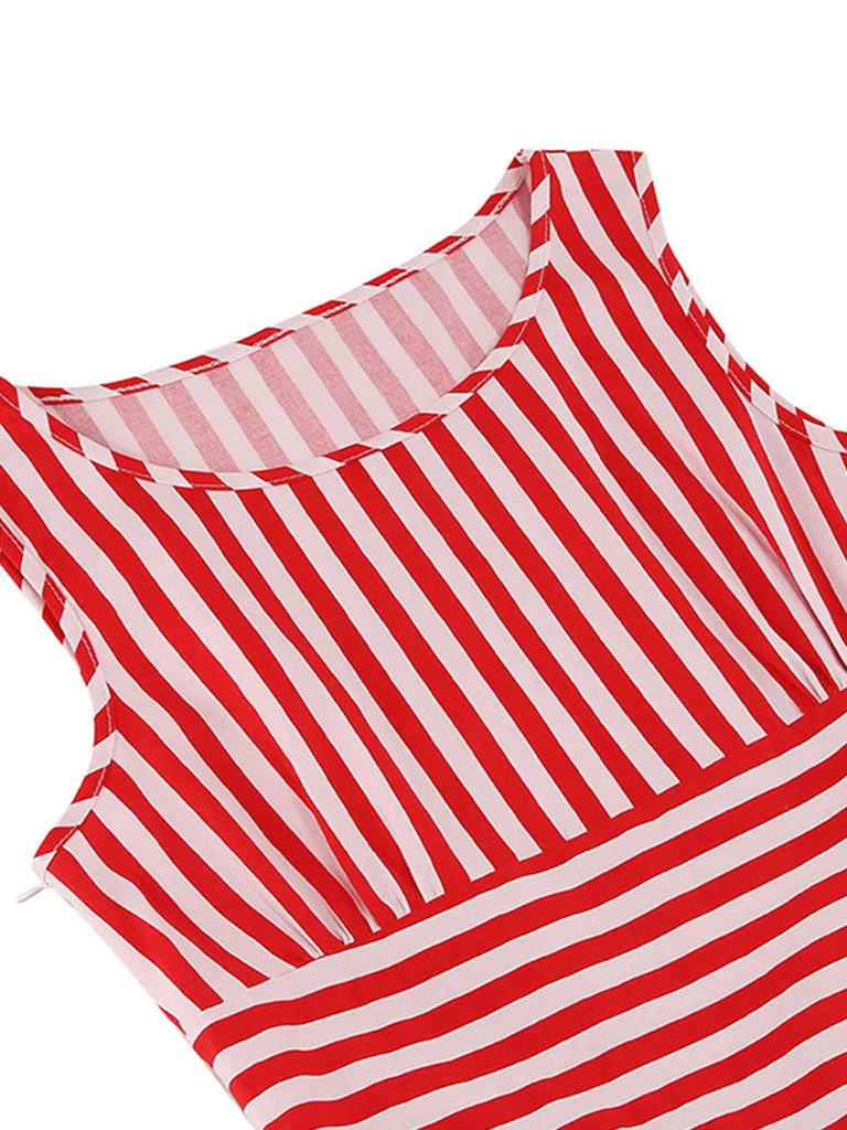Red Stripe Crew Neck 1950S Vintage Swing Dress