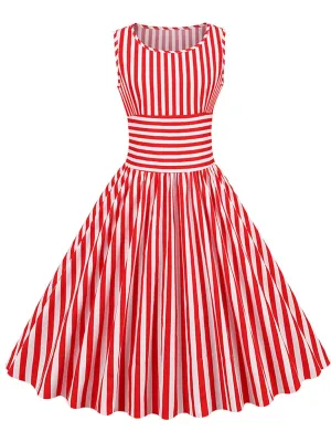 Red Stripe Crew Neck 1950S Vintage Swing Dress