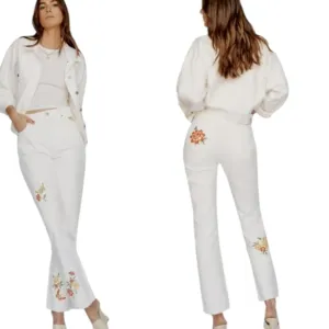 Reformation Cynthia high right button fly embroidered floral straight jeans W26