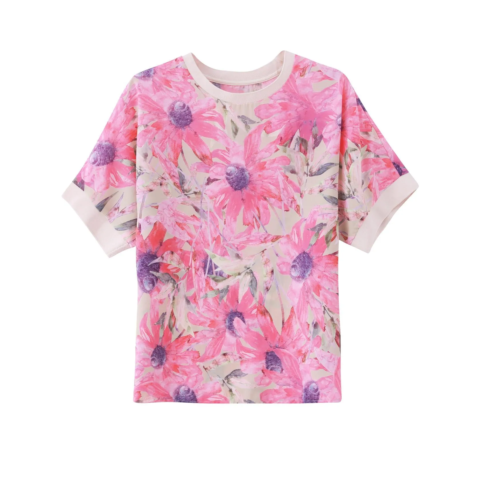 Relaxed-Fit Women's T-Shirt with Contrast Trim and Chic Floral Print