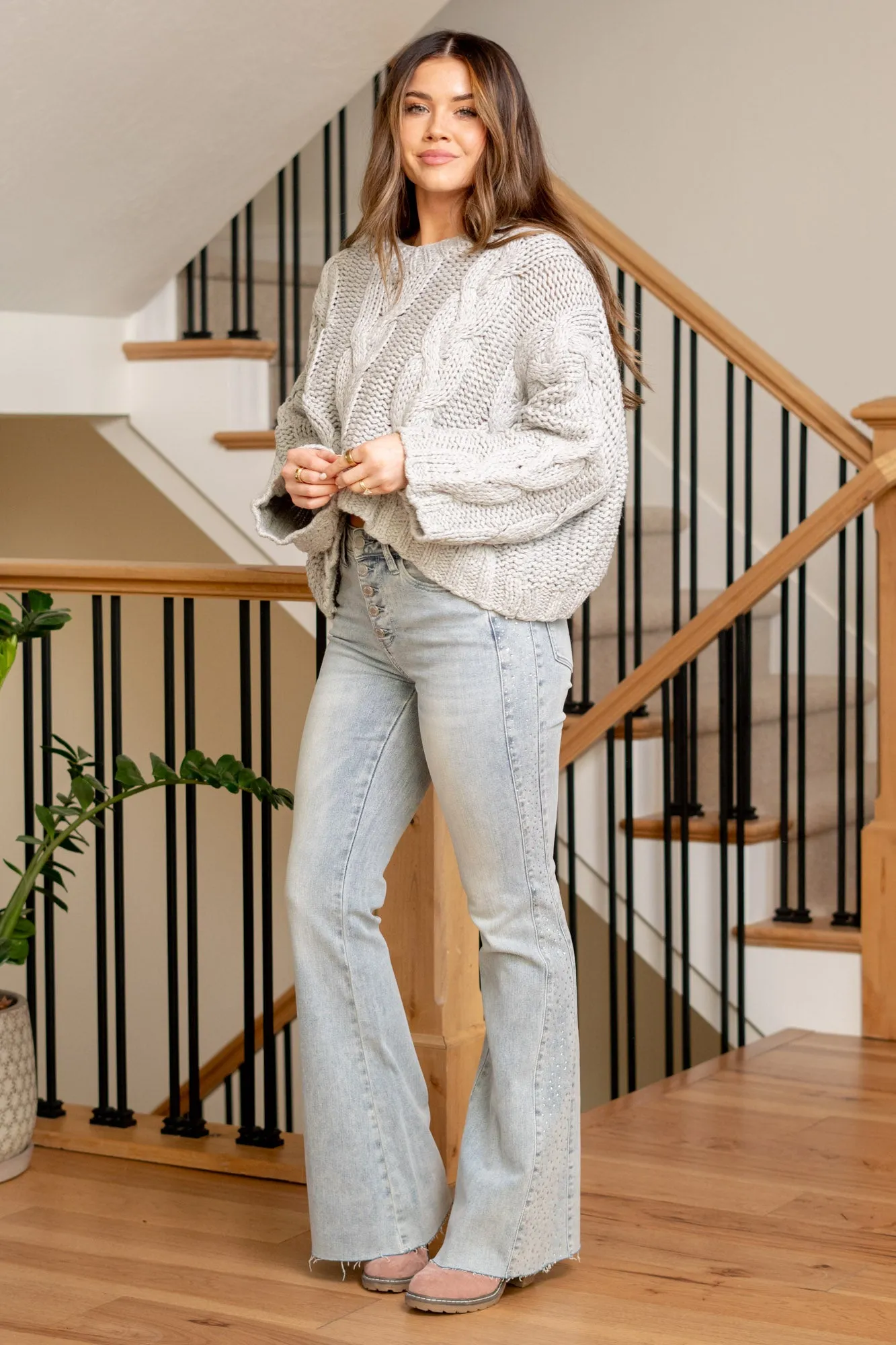 Rhinestones & Denim Mid Rise Button Up Flare Regular & Plus Sizes