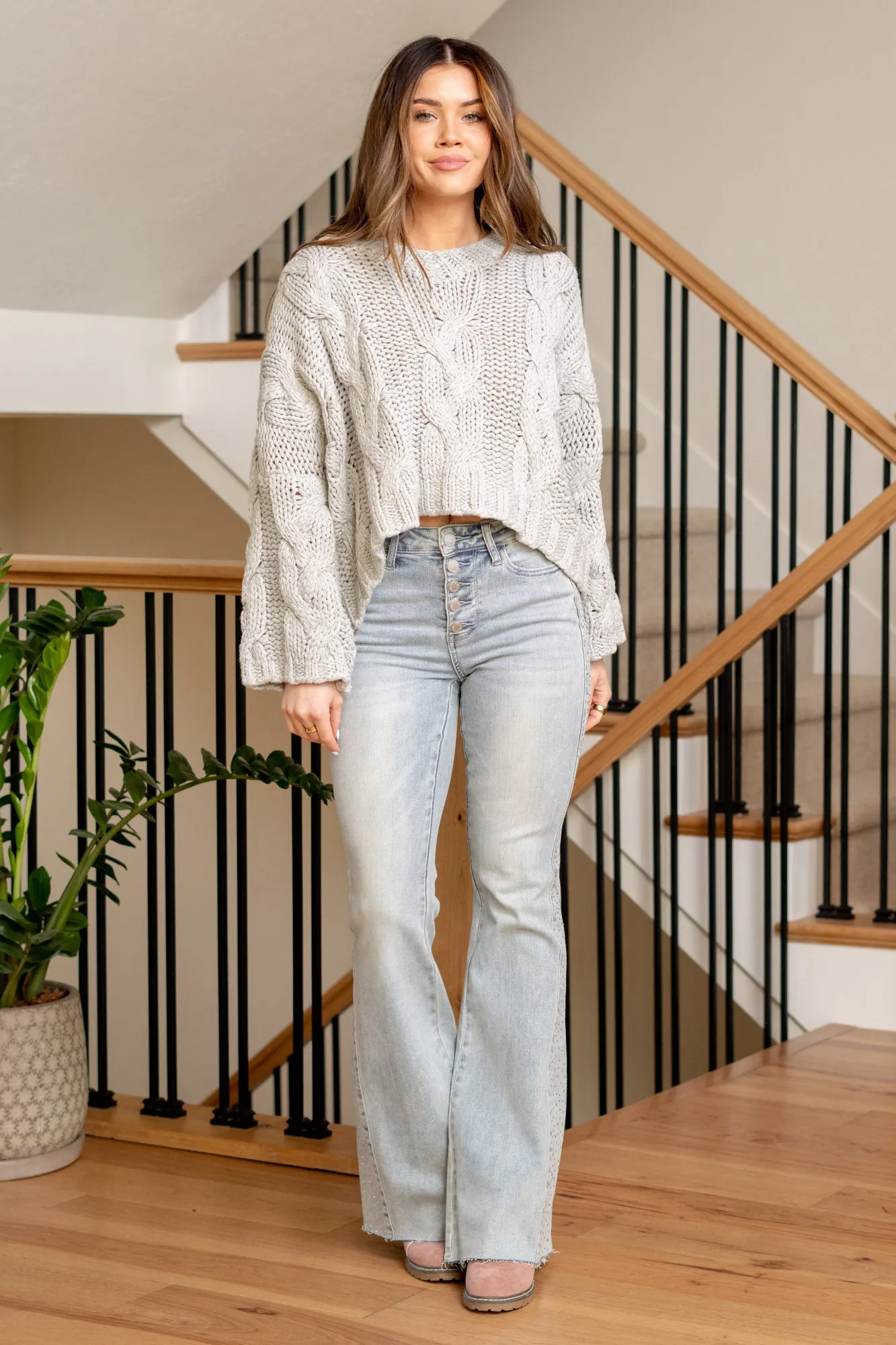 Rhinestones & Denim Mid Rise Button Up Flare Regular & Plus Sizes