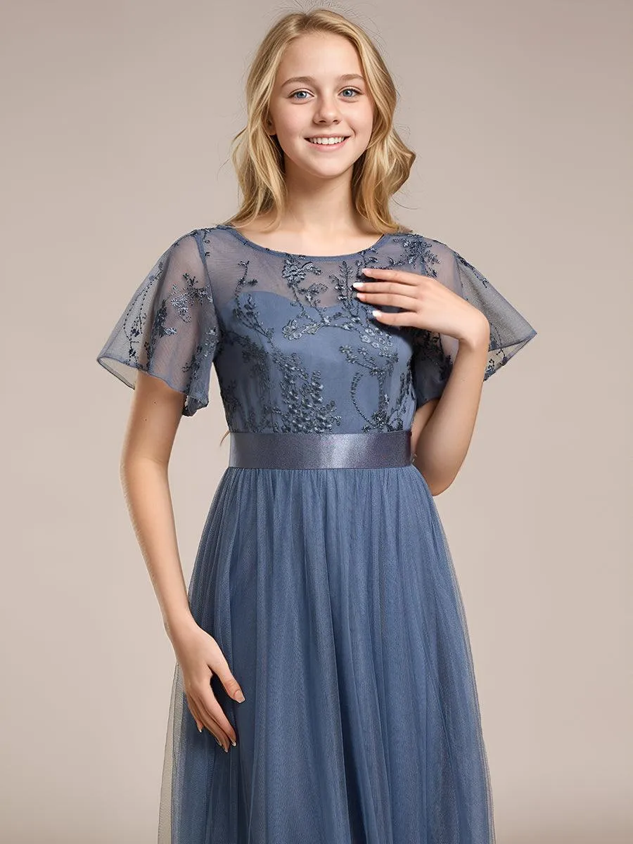 Robe de demoiselle d'honneur junior en tulle embelli avec manches transparentes