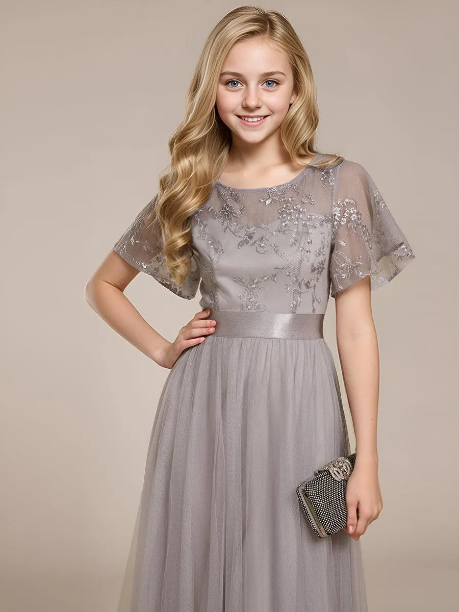 Robe de demoiselle d'honneur junior en tulle embelli avec manches transparentes