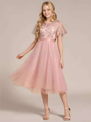 Robe de demoiselle d'honneur junior en tulle embelli avec manches transparentes