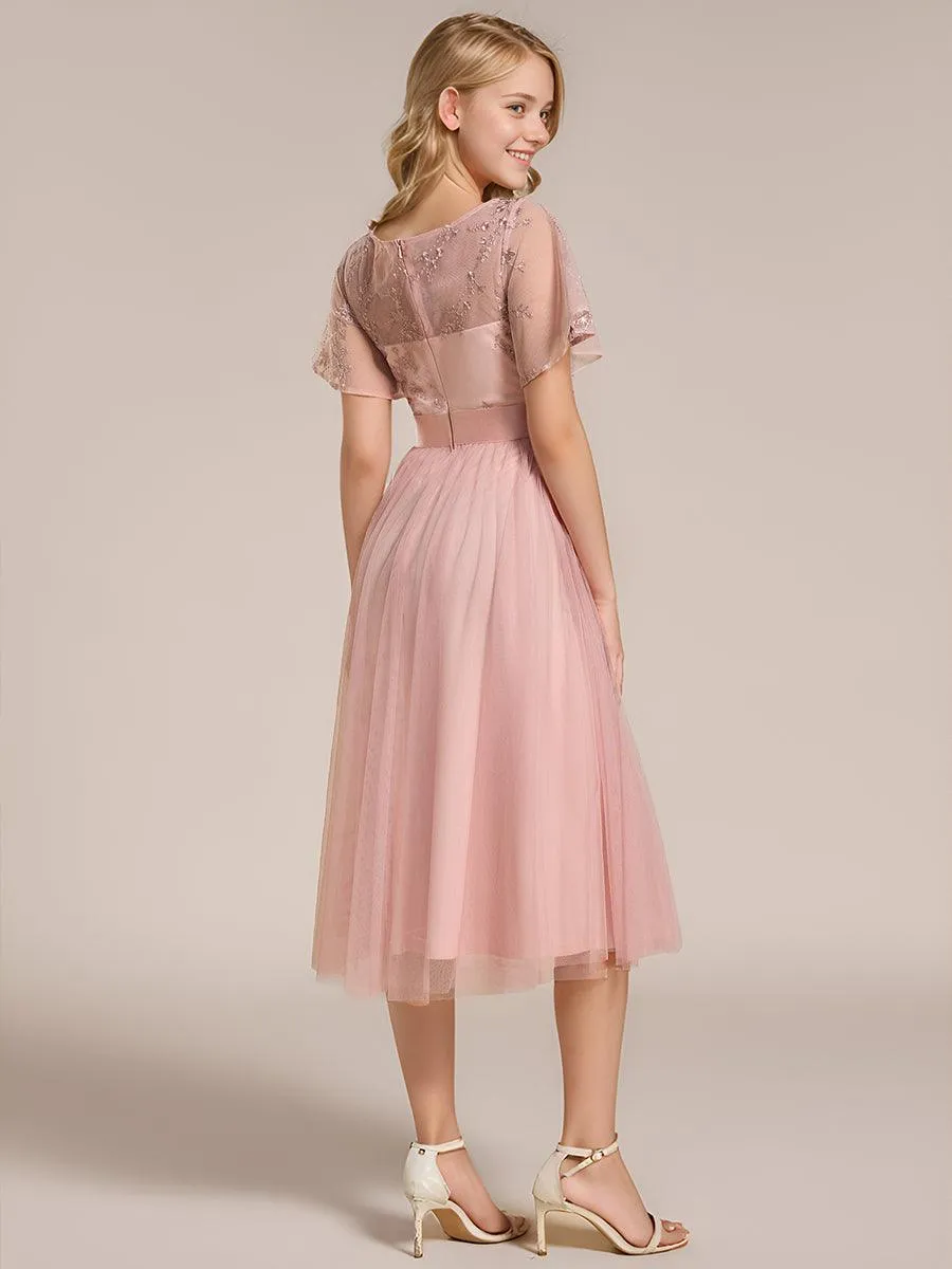 Robe de demoiselle d'honneur junior en tulle embelli avec manches transparentes