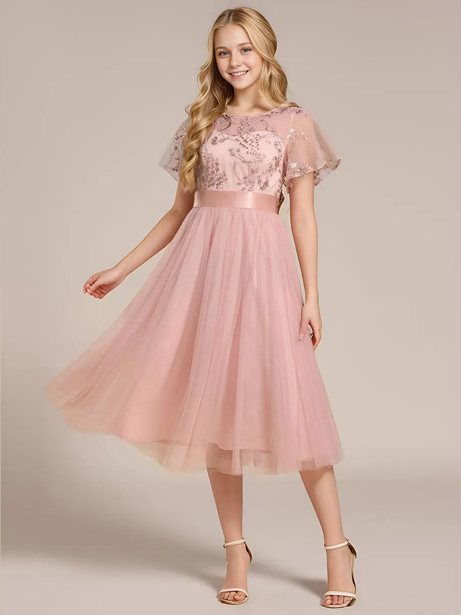 Robe de demoiselle d'honneur junior en tulle embelli avec manches transparentes