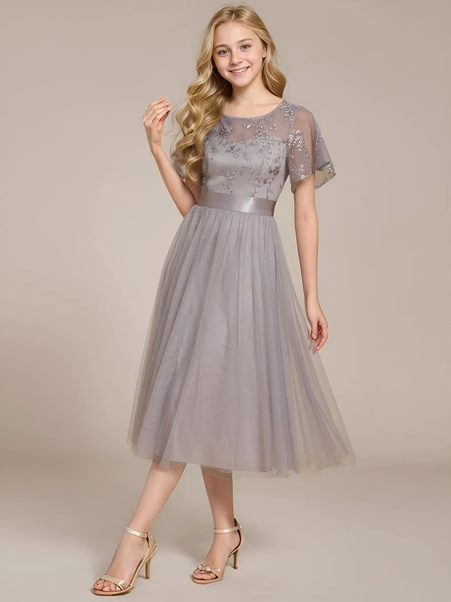 Robe de demoiselle d'honneur junior en tulle embelli avec manches transparentes