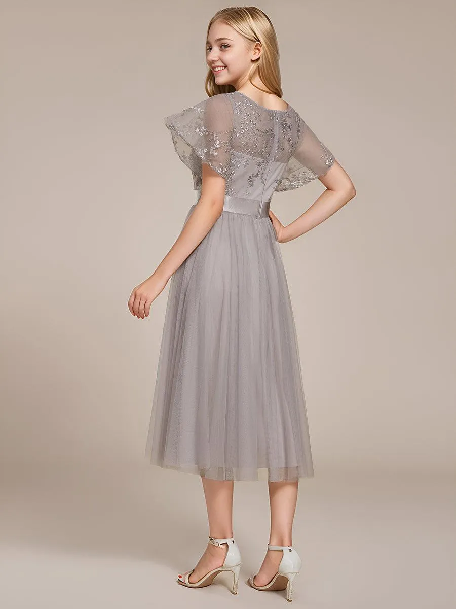 Robe de demoiselle d'honneur junior en tulle embelli avec manches transparentes