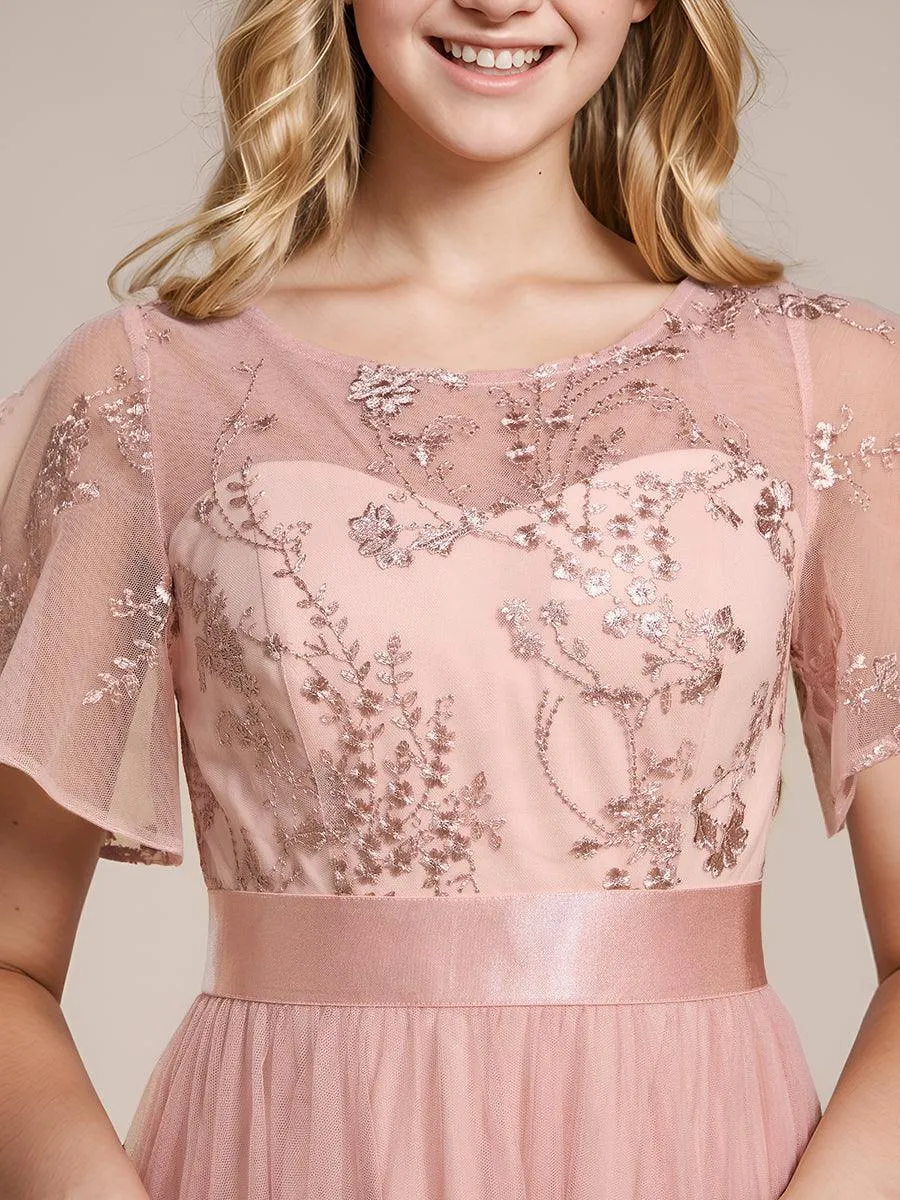 Robe de demoiselle d'honneur junior en tulle embelli avec manches transparentes
