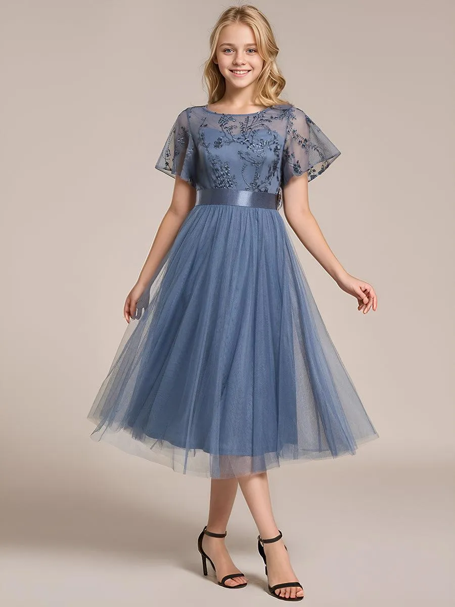 Robe de demoiselle d'honneur junior en tulle embelli avec manches transparentes