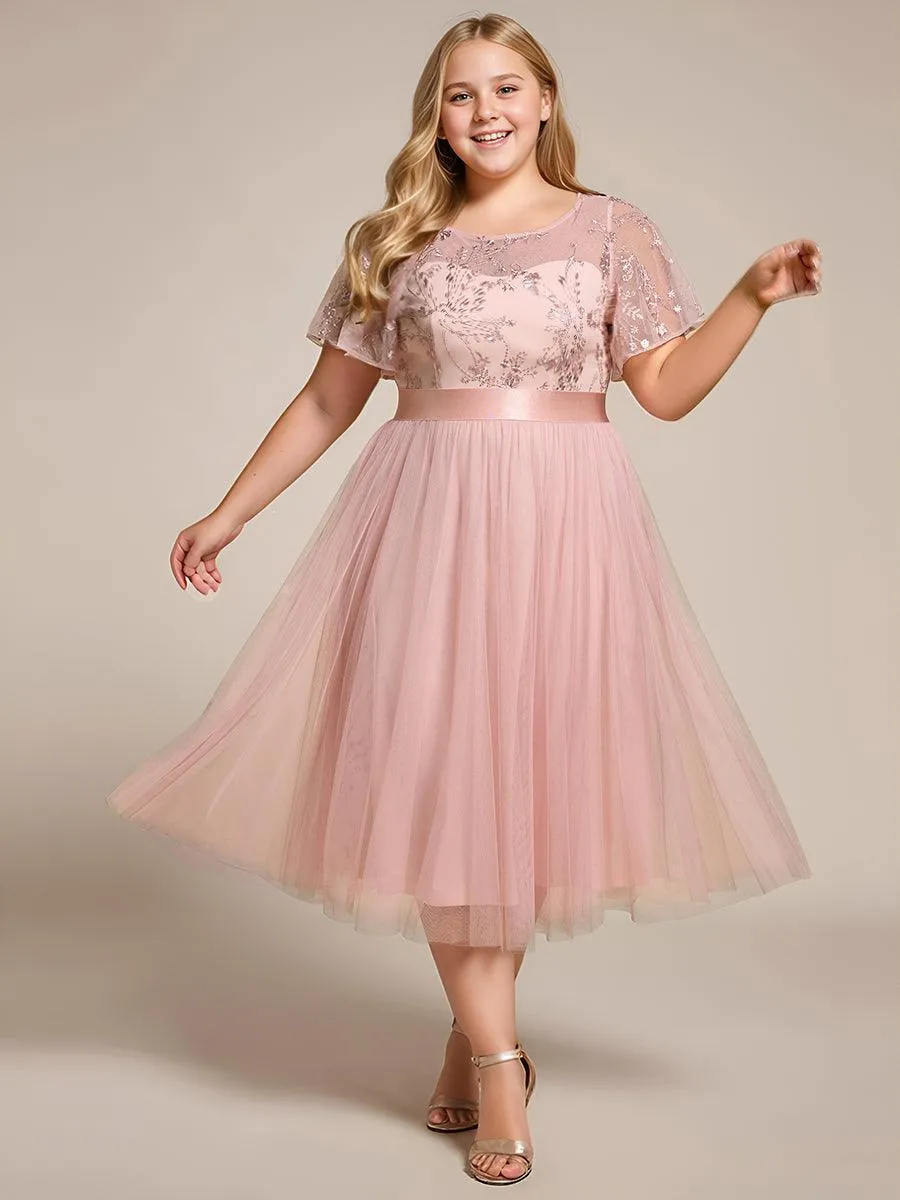 Robe de demoiselle d'honneur junior en tulle embelli avec manches transparentes