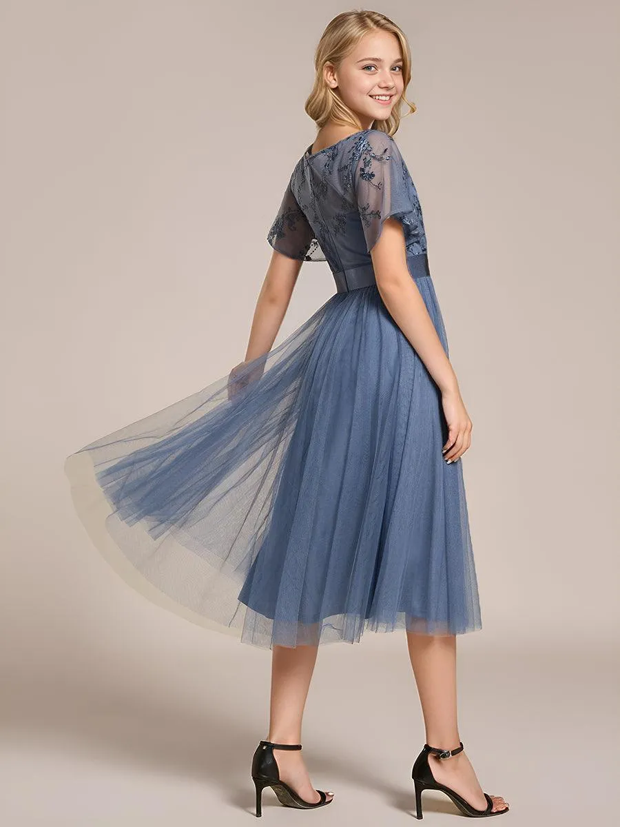 Robe de demoiselle d'honneur junior en tulle embelli avec manches transparentes