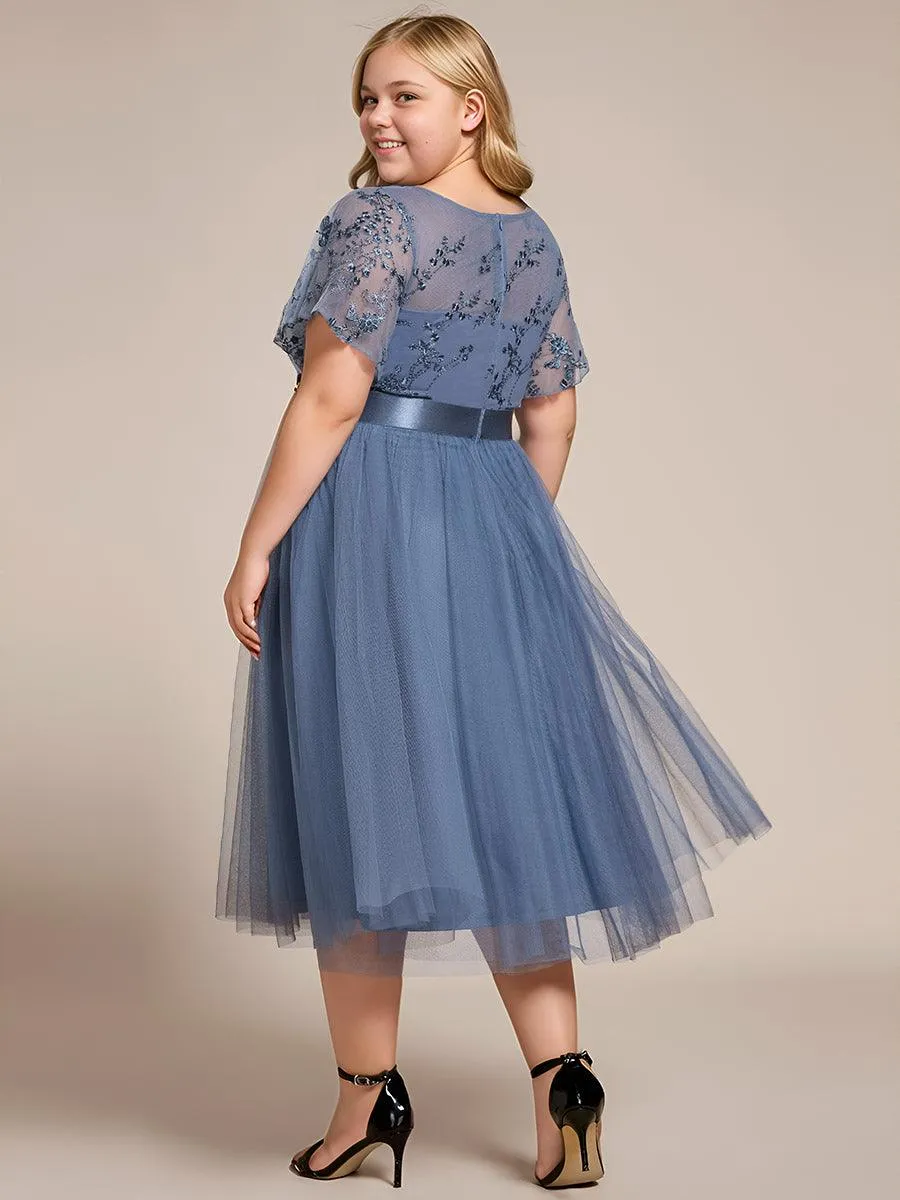 Robe de demoiselle d'honneur junior en tulle embelli avec manches transparentes
