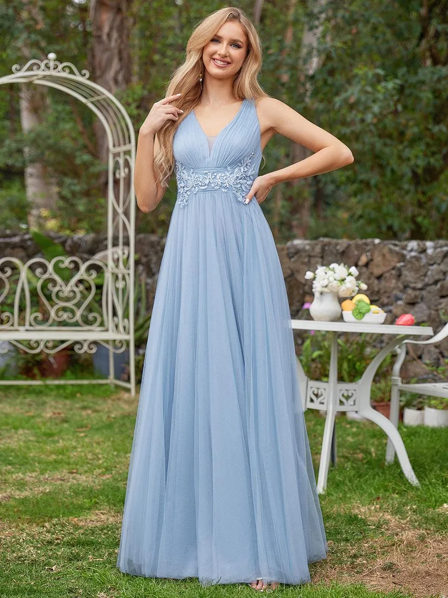 Robe de demoiselle d'honneur trapèze élégante sans manches à col en V
