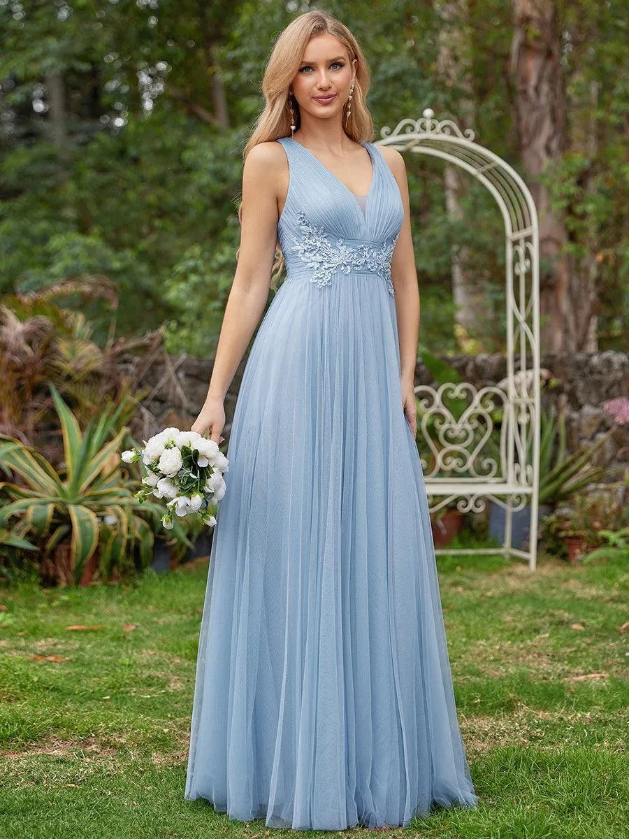 Robe de demoiselle d'honneur trapèze élégante sans manches à col en V