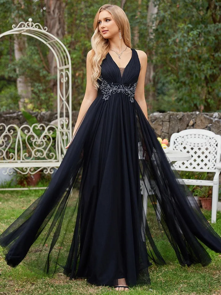 Robe de demoiselle d'honneur trapèze élégante sans manches à col en V