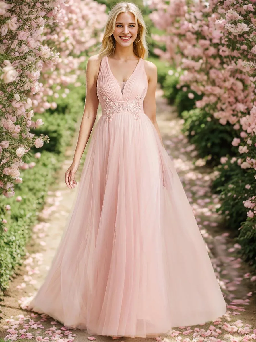 Robe de demoiselle d'honneur trapèze élégante sans manches à col en V