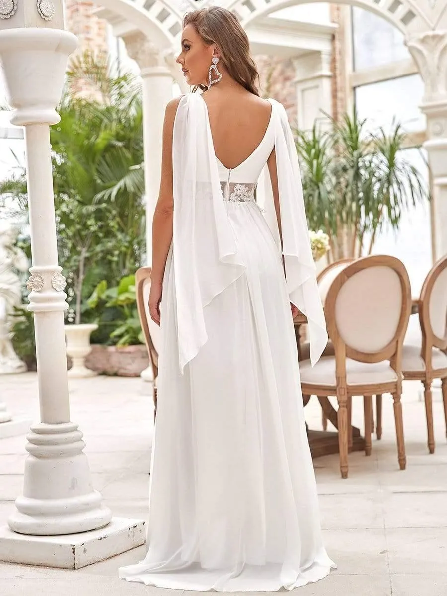 Robe de mariée longue fendue avec appliques à col en V profond