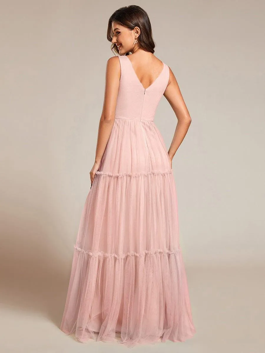 Robe de soirée en tulle transparent sans manches avec appliques