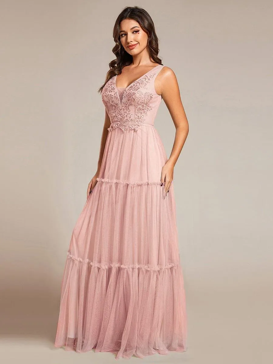 Robe de soirée en tulle transparent sans manches avec appliques