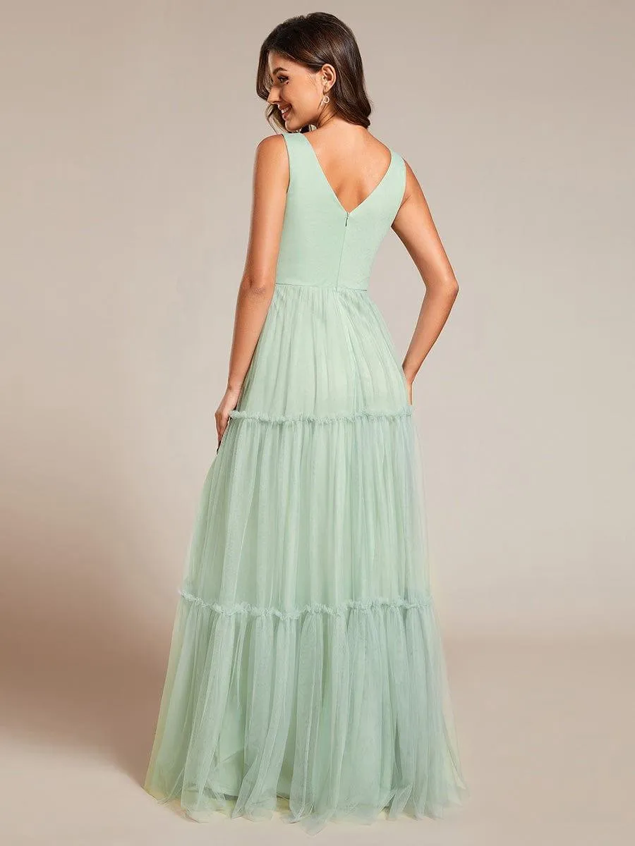 Robe de soirée en tulle transparent sans manches avec appliques