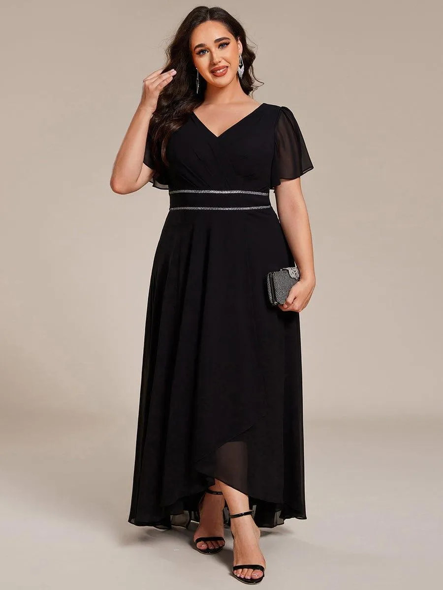 Robe de soirée longue en mousseline de soie à col en V et strass grande taille
