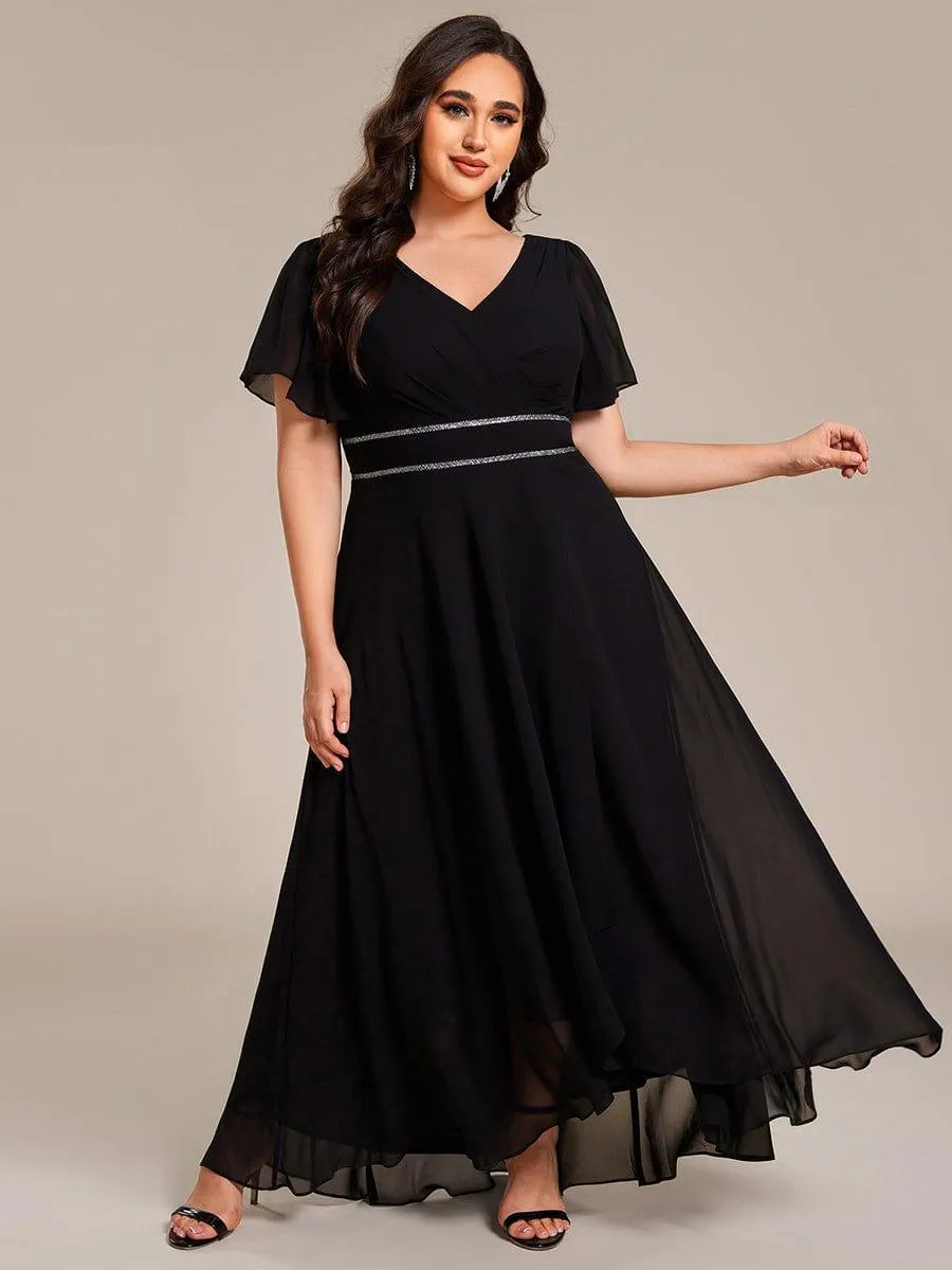 Robe de soirée longue en mousseline de soie à col en V et strass grande taille