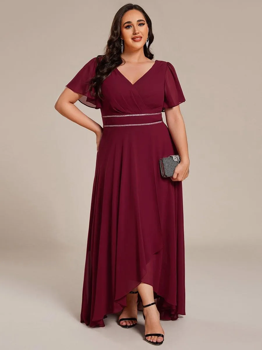 Robe de soirée longue en mousseline de soie à col en V et strass grande taille