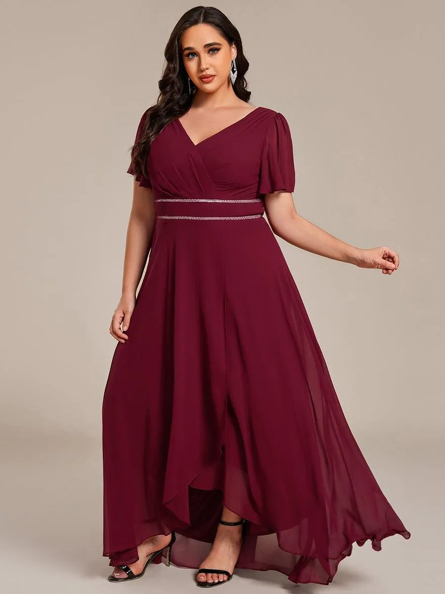 Robe de soirée longue en mousseline de soie à col en V et strass grande taille