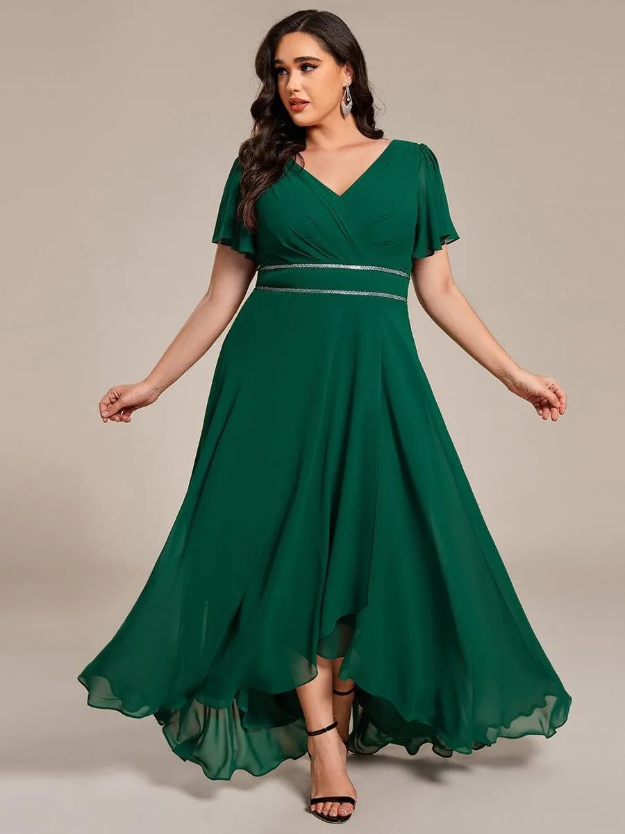 Robe de soirée longue en mousseline de soie à col en V et strass grande taille