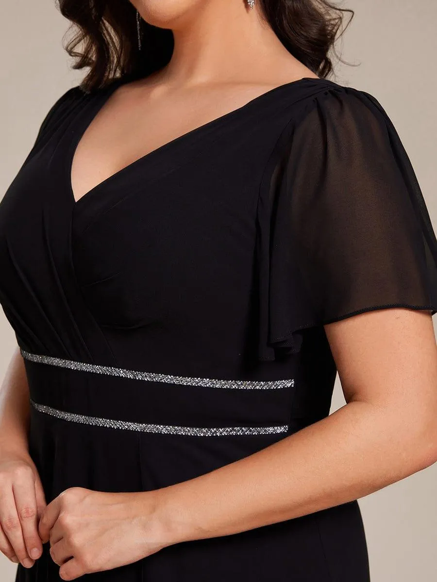Robe de soirée longue en mousseline de soie à col en V et strass grande taille