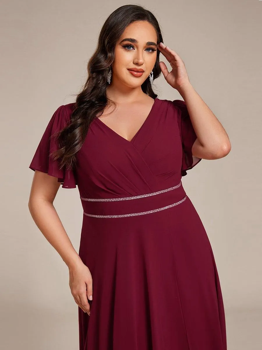 Robe de soirée longue en mousseline de soie à col en V et strass grande taille