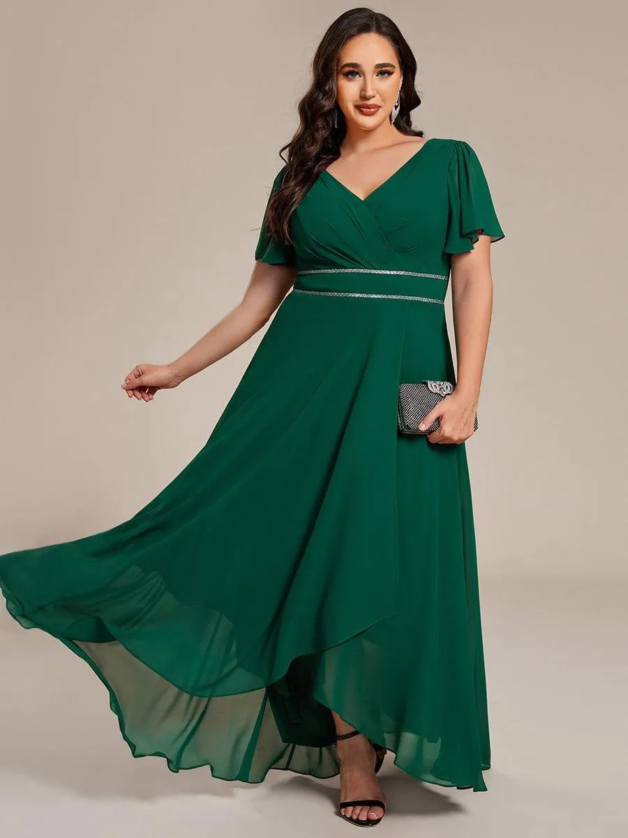 Robe de soirée longue en mousseline de soie à col en V et strass grande taille