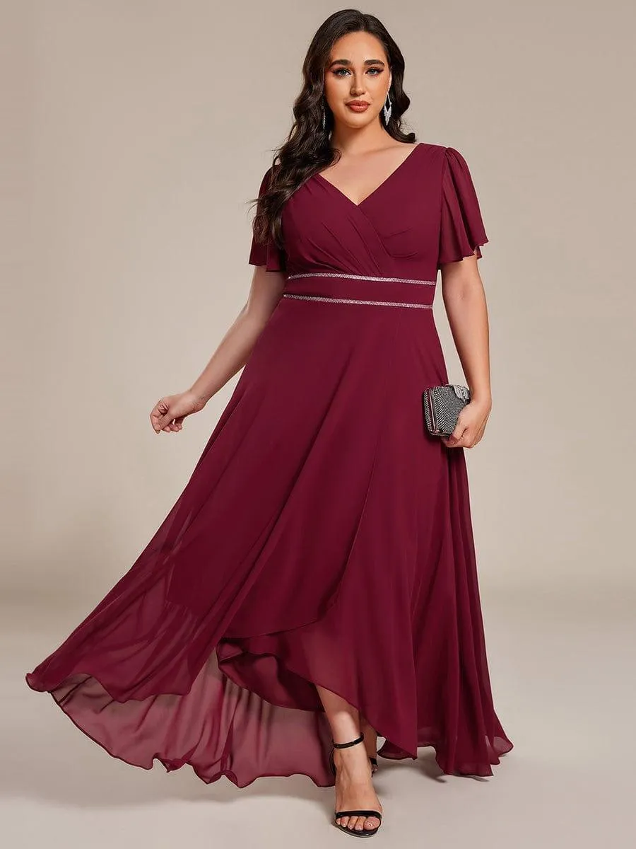 Robe de soirée longue en mousseline de soie à col en V et strass grande taille