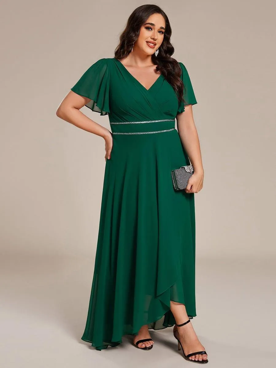 Robe de soirée longue en mousseline de soie à col en V et strass grande taille