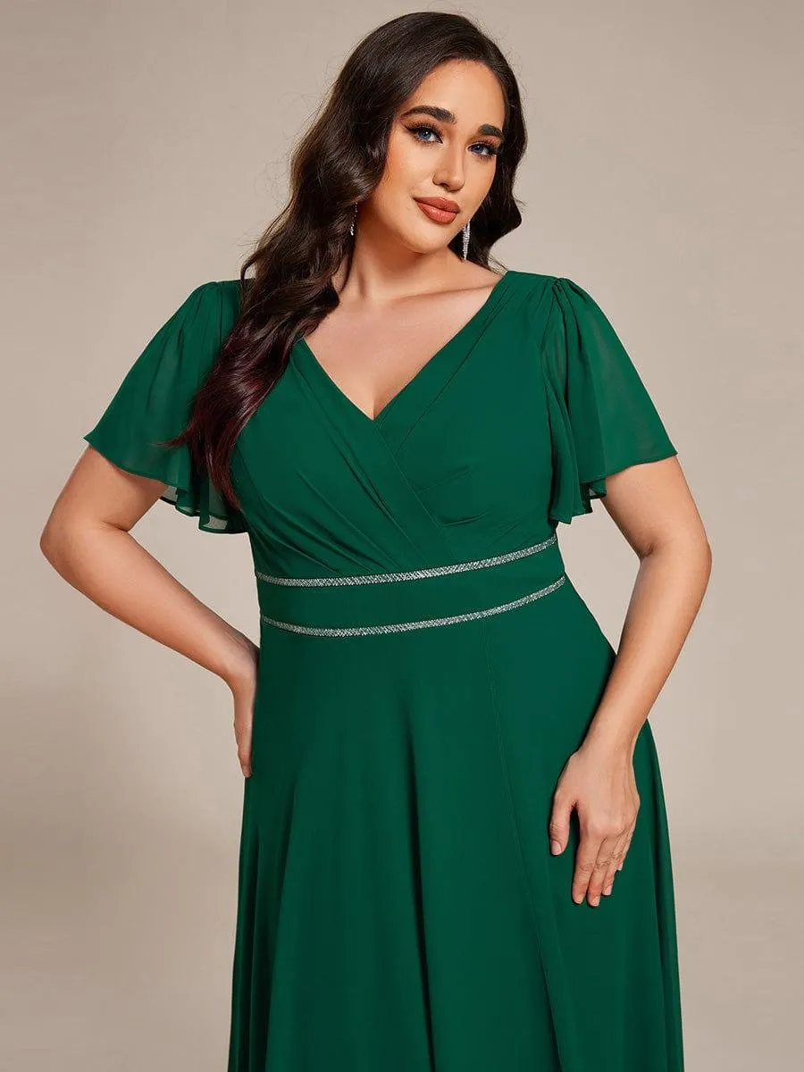 Robe de soirée longue en mousseline de soie à col en V et strass grande taille