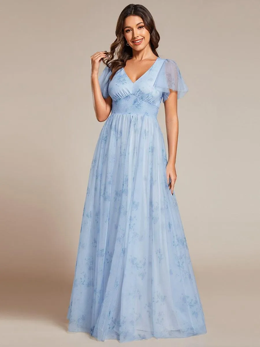 Robe de soirée trapèze en tulle floral col en V manches courtes